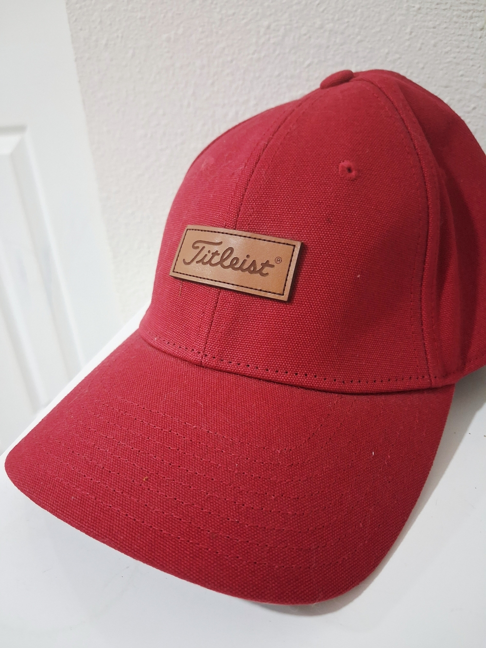 Titleist Golf Hat Cap Red Canvas Faux Leather Logo Patch Strapback Adjustable